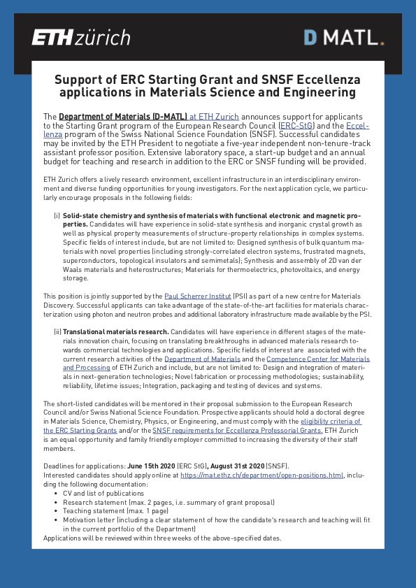 Support of ERC Starting Grant and SNSF Eccellenza applications in Materials Science and Engineering