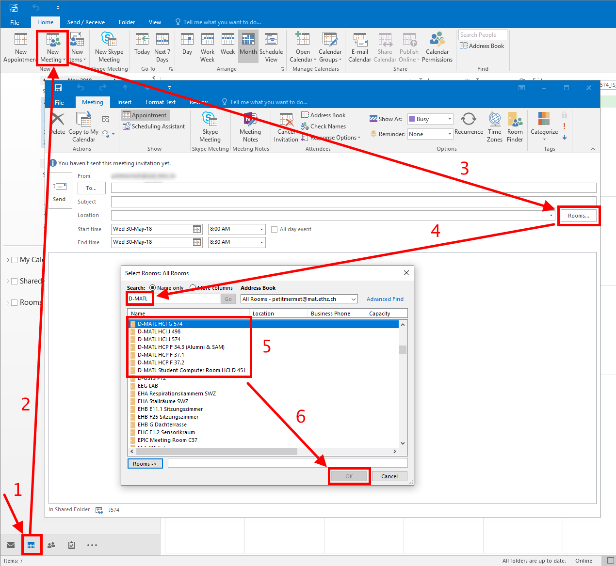 Enlarged view: Room booking in Outlook 2016 for Windows
