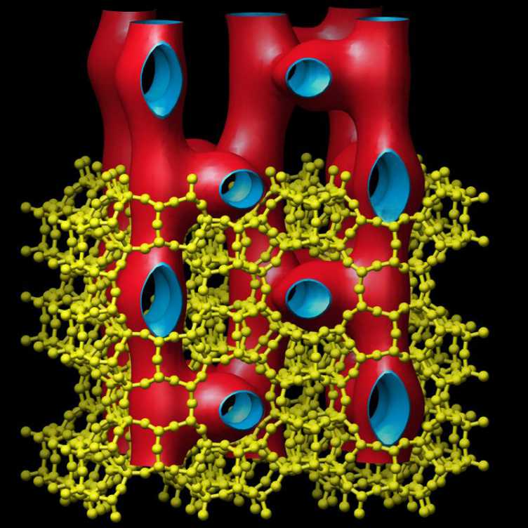 A model representation of the zeolite IM-5: the yellow skeleton outlines the position of the silicon-oxygen atoms and the red-blue tubes illustrate the unique pore system (Photo: C. Baerlocher / ETH Zurich Laboratory of Crystallography) 