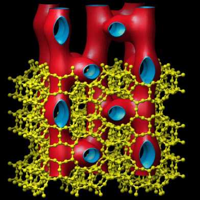 skeleton outlines the position of the silicon-oxygen atoms and the red-blue tubes illustrate the unique pore system (Photo: C. Baerlocher / ETH Zurich Laboratory of Crystallography) 
